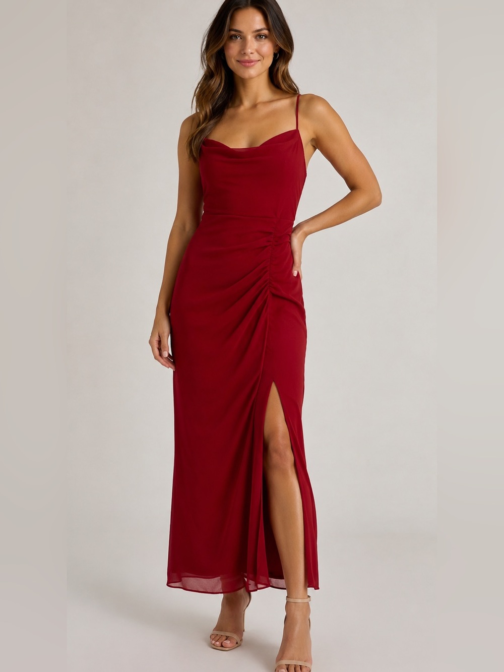 Azazie Deep Berry Burgundy Mermaid Pleated Mesh Dress